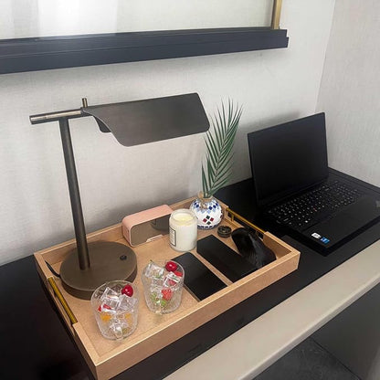 14x20 Inches Champagne Faux Leather Wrapped Wood Serving Tray with Metal Handles for Various Occasions, Ottoman, Home Decorative, Living Room, Coffee Table Organizer, Serving Breakfast On Bed