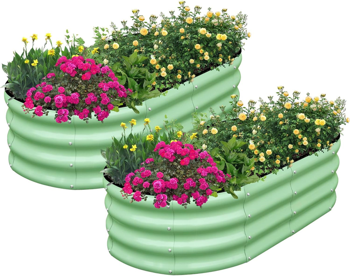 SnugNiture Galvanized Raised Garden Bed Outdoor, 2 Pcs 4x2x1ft Oval Metal Planter Box for Planting Plants Vegetables, Green
