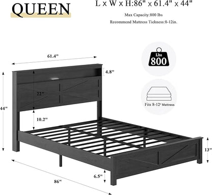 Farmhouse Wooden Bed Frame Queen Size with Storage Headboard, Boho Platform Bedframe with LED Lights and Charging Station, Metal Slats Support, No Box Spring Needed, Black