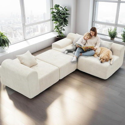 119’’ Modular Sectional Sofa Couch with Chaise, Deep Seat Cloud Couch for Living Room, Modern Chenille Upholstered Sectional with Throw Pillows, Compression Modular Sofa for Apartment Bedroom, Beige