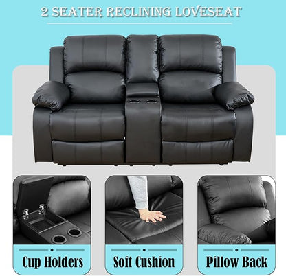 Caberryne Leather Recliner Sofa，Reclining Sofa Set for Living Room Furniture Sets，Black Double Recliner Loveseat for Living Room/Office/Theater Seating/Rv(2 Seater Couch)