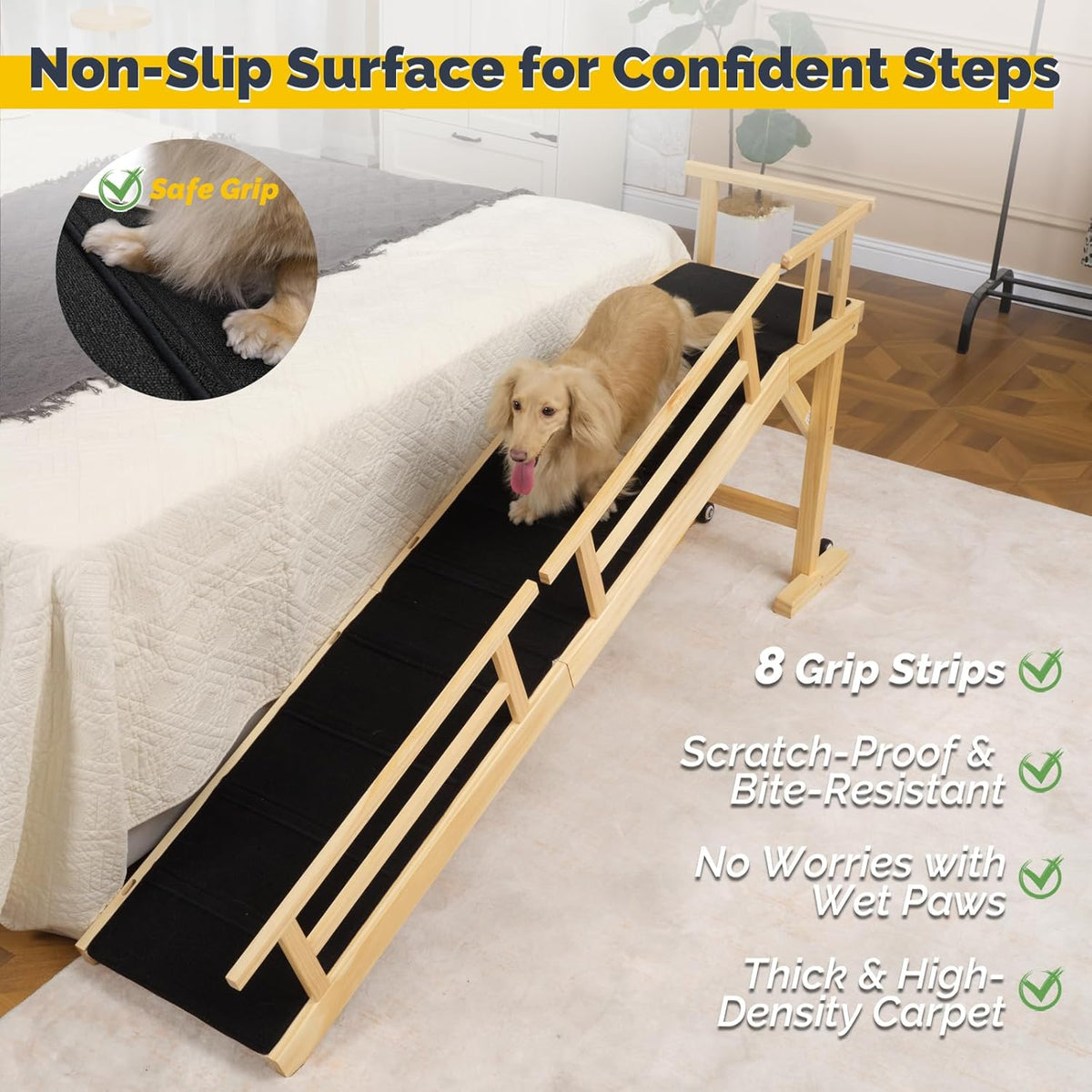 Dog Ramp for Bed or Couch, Wooden Pet Ramp with 20° Gentle Slope, Removable Side Rails, Non-Slip Surface, Top Platform & Wheels, Safe Bed Ramp for Small, Medium & Senior Dogs, 74" Long, Natural