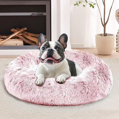 JOLLYVOGUE Calming Dog Bed for Small Dogs - 23 inches Donut Washable Small Dog Bed for Kittens & Puppies, Anti-Slip Round Fluffy Plush Faux Fur Cat Beds (Fits up to 25 lbs Pets, Smoke Pink)
