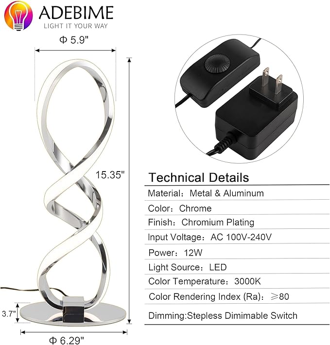 LED Spiral Bedside Table Lamp, Stepless Dimmable 12W 3000K Warm White, Modern
