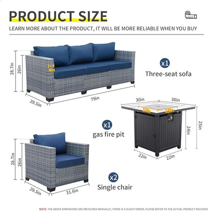 4 Piece Wicker Patio Furniture Sets Outdoor Conversation Set PE Rattan Sectional Sofa Couch with Fire Pit Table and Royal Blue Cushions