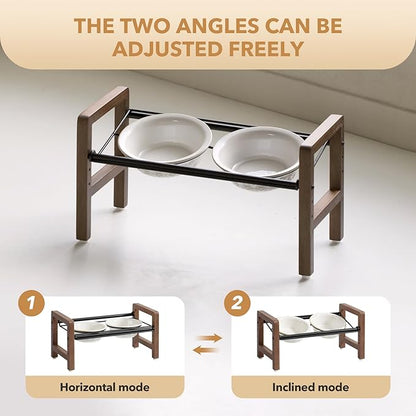 6.3inch Ceramic Adjustable Raised Double Bowls Set with Stand, 3 Heights Elevated, 2 Placement Options,Food and Water Bowls for Adult Cat Small and Medium Dog(Reactived Glaze -White)