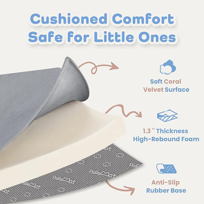 PAPAMAT 1.3" Thick Baby Floor Play Mat 59x71, Basic Padded Foam Mat for Tummy Time Crawling, Non Slip Cushioned for Babies Toddlers Infants Kids (Light Grey)