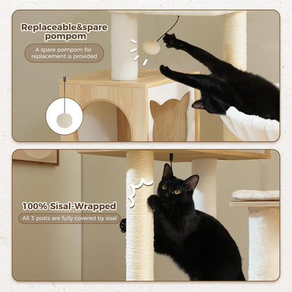 Tall Cat Tree with Litter Box Enclosure 57.5" Wooden Cat Tower for Large Cats with Cat Hammock House Bed (Pure Beige)