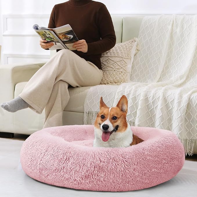 JOLLYVOGUE Dog & Cat Bed, Calming Anti-Anxiety Pet Bed for Small Dogs, Fluffy Donut Cushion for Small and Medium Pets (23")