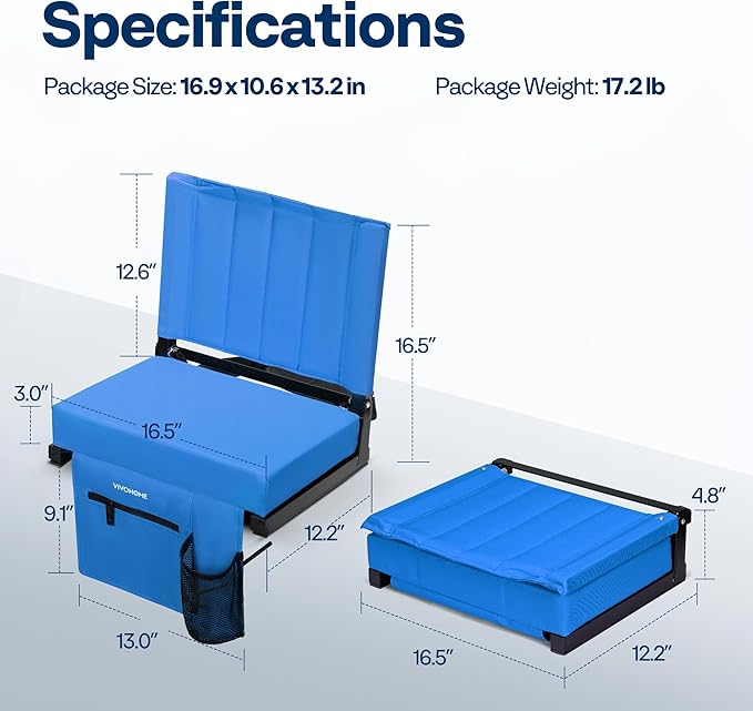 VIVOHOME 2 Pack Stadium Seats with Back Support and Cushion, Portable Bleacher Chair with Cup Holder and Shoulder Strap Blue