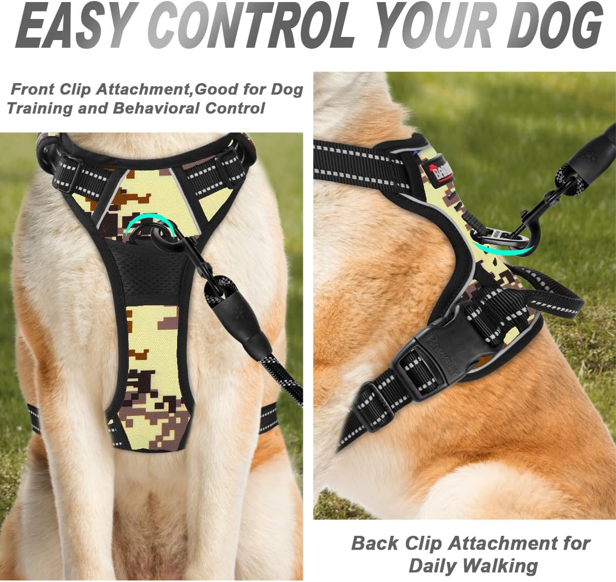 BARKBAY No Pull Dog Harness Front Clip Heavy Duty Reflective Easy Control Handle for Large Dog Walking(Desert camo,S)