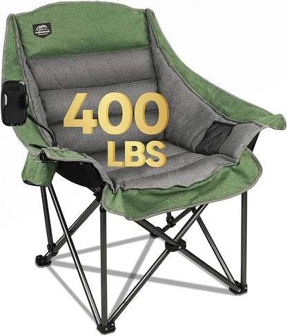 LANMOUNTAIN Oversized XL Folding Camping Chair,Heavy Duty Support 400Lbs,Large Comfy Padded Camp Chair for Adults,Lawn Arm Chair w/Cup Holder,Phone Holder,Carry Bag Perfect for Outdoor (Green)