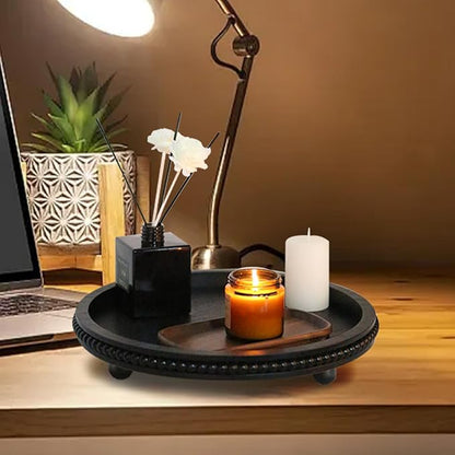 Wooden Beaded Decor Tray for Coffee Table, Rustic Wooden Trays Table Centerpieces, Decorative Trays for Home Decor Kitchen Table Farmhouse Serving Tray (Round Black)