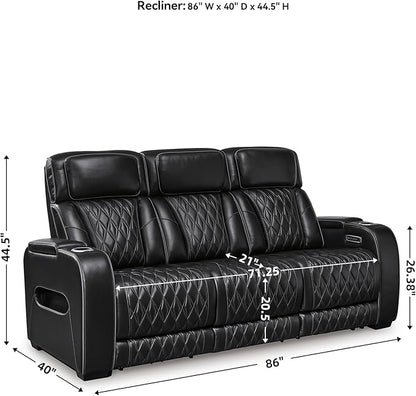Signature Design by Ashley Boyington Contemporary Leather Match Power Reclining Sofa with Adjustable Headrest, Cup Holder, USB Charging Ports, Air Massage System and LED Lighting, Black