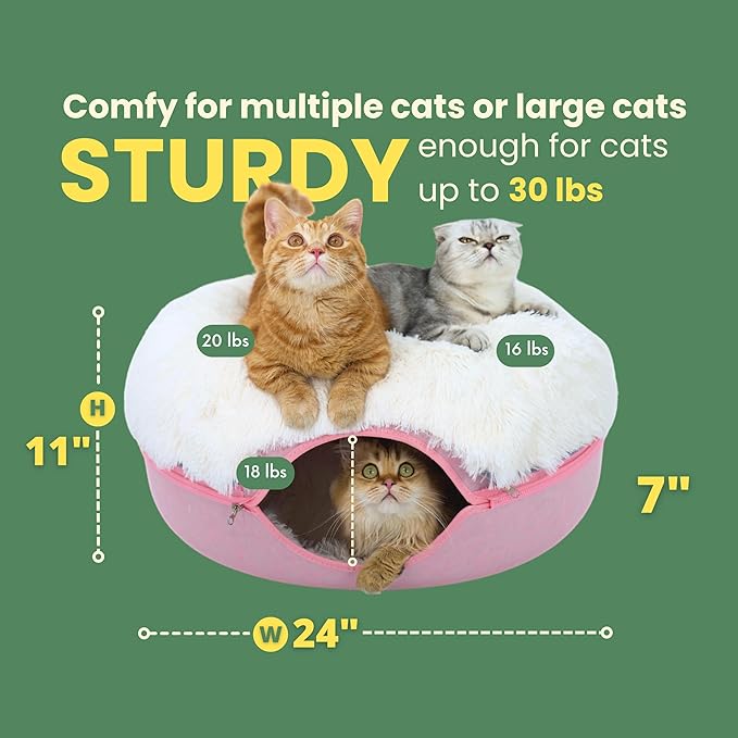 CATTASAURUS Peekaboo Cat Cave for Multiple & Large Cats Up to 30-45 Lbs, Fluffy Cat Beds for Indoor Cats, Scratch Detachable & Washable Tunnel Bed, Comfy Donut Cave (Pink, Large (Calming))