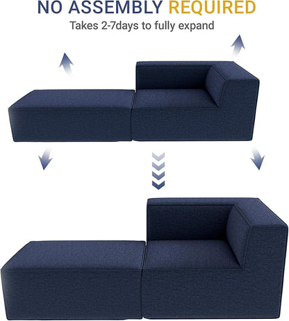 76" Sectional Compressed Sofa Modular Couches,High-Density Foam No Assembly Required, 2-Piece(1x Corner 1x Ottoman) for Living Room, Chenille Blue