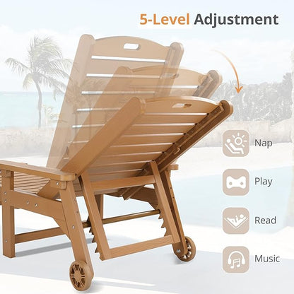 LUE BONA Outdoor Chaise Lounge Chairs Set of 4, HDPS Chaise Lounger, 5 Positions Adjustable Lounge Chairs, Pool Lounge Chair with Wheels for Poolside, 3 Year Warranty, Teak Color