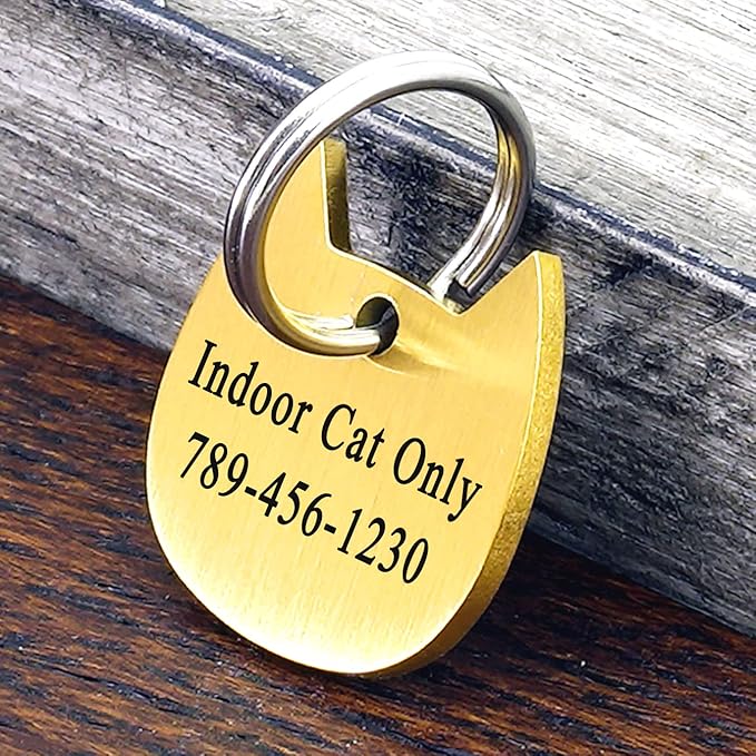 Ultra Joys Cat ID Tag Personalized Pet Tags, Durable Stainless Steel Small Pet Mini Dog Cat Tag Lightweight - Cathead Tag in Gold