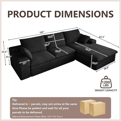 Cloud Sectional Couch,107 Inch Modular Sectional Sofa with Deep Seat, Modern Corduroy Boneless Couches with L-Shape Chaise for Living Room Bedroom, No Assembly Required (Black, Right Facing Chaise)