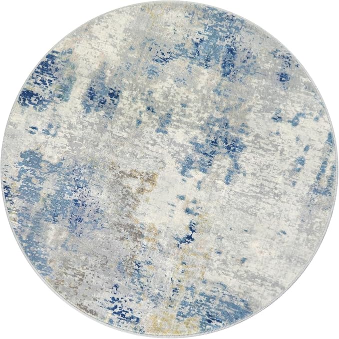 Lahome Modern Abstract Round Rug 3Ft, Blue Washable 3x3 Circle Rugs for Kitchen Entryway Soft Small Bedroom Mat Non Slip, Contemporary Indoor Floor Throw Carpet for Nursery Home Office