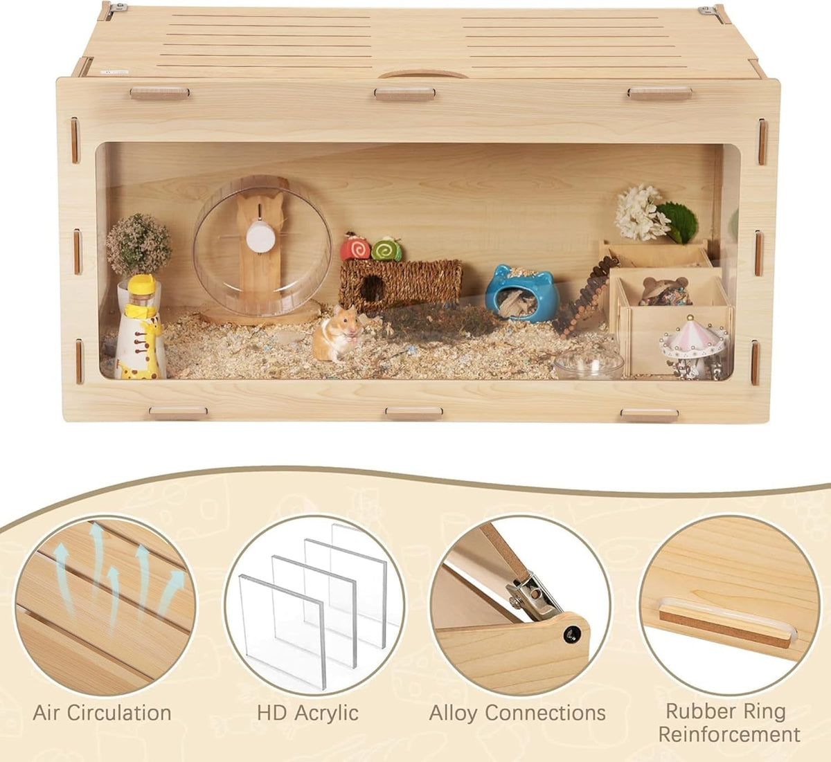 COZIWOW Wooden Hamster Cage Chewproof, Bigger World - 32" Large Hamster Cages and Habitats, Openable Top & 3 Side Acrylic Sheets, Small Animal Cage Pet House for Syrian Dwarf Guinea Pig Chinchilla