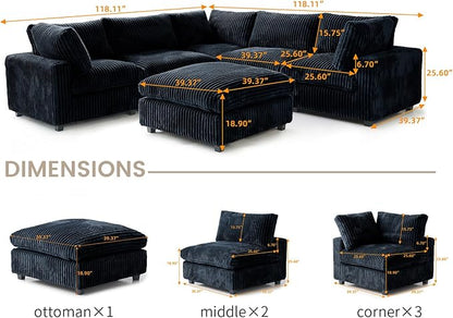 WJShome Cloud Couch Modular Sectional Sofa,118" Oversized V Shaped Sofa with Storage Ottoman for Living Room,Plush 6 Seater Convertible Sectional Couch,Covers Washable&Replaceable,Black