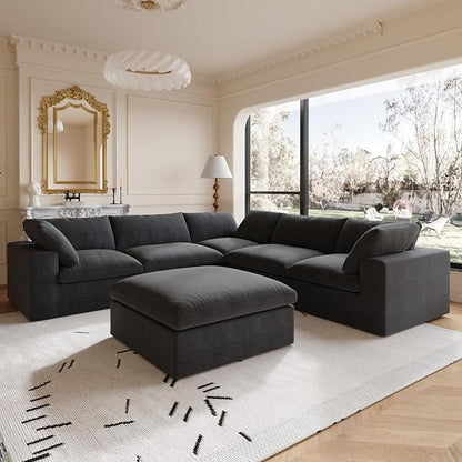 160.6'' Cloud Modular Sectional Sofa,Down Filled Comfort V Shaped Sofa Couch for Living Room,Minimalist Wide Deep Seat Convertible Couches for Office Apartment,4 Seater & 1 Corner+1 Ottoman (Black)