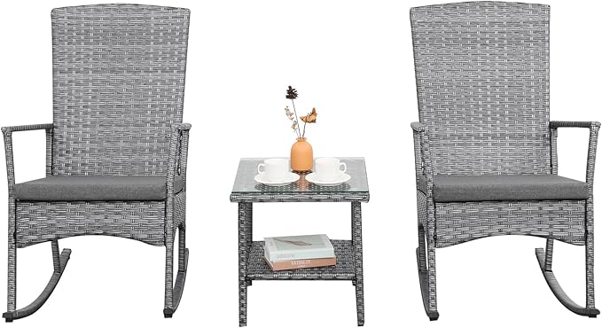 Outdoor Rocking Chair 3 Pieces High-Backed Rocking Chair Patio Rocking Chairs Outdoor Table and Chairs Anti-Slip Cushions Dark Grey