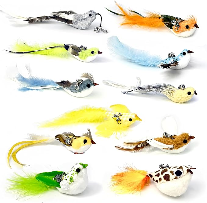 11 PCS Multi-Functional Cat Toy Replacement Heads – Realistic Handmade Bird Teasers with Bells & Detachable Clip, for Interactive Play, Indoor Enrichment & Home Decoration