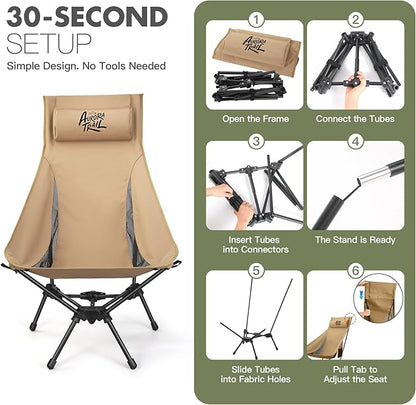 AuroraTrail High Back Folding Camping Chair with Pillow – Lightweight Portable Outdoor Chair with Cup Holder & Carry Bag, Sturdy Aluminum Frame Supports up to 374 lb for Camping, Hiking & Festivals