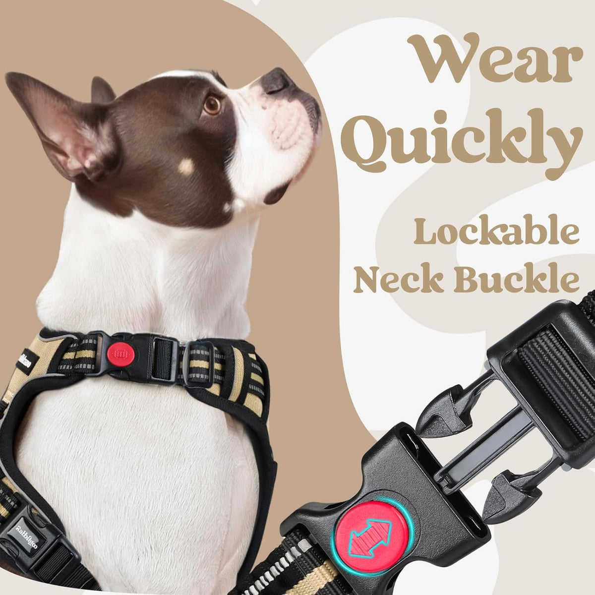 rabbitgoo Dog Harness for Large, No Pull Pet Harness with 3 Buckles, Adjustable Soft Padded Vest with Control Handle, Walking Reflective Pet Vest for Large Dogs, Beige, L