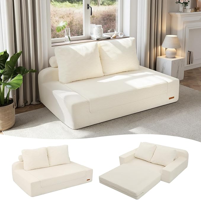 COMAX Convertible Sofa Bed Queen, Folding Floor Couch Corduroy Fold Out Couch Bed Sleeper Mattress with Back Pillows, Boneless Pull Out Loveseat Comfy Futon Lounge for Living Room Bedroom, Beige