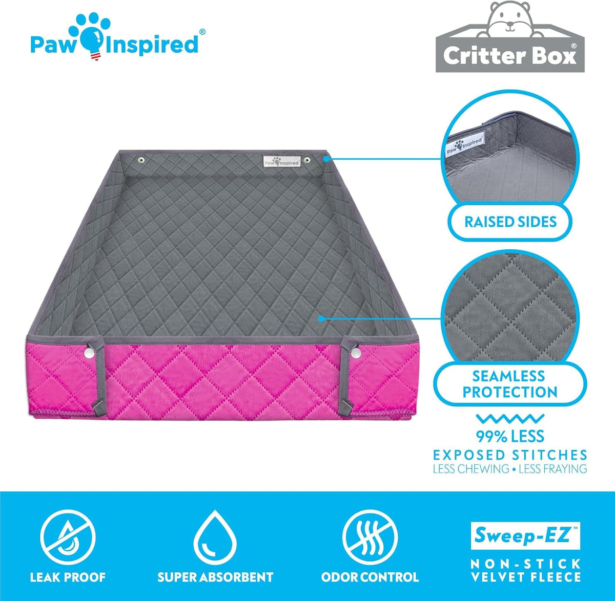 Paw Inspired Critter Box Washable Cage Liner, Reversible Fleece Bedding with Raised Sides for Guinea Pigs and Other Small Animals (Midwest, Gray/Pink)
