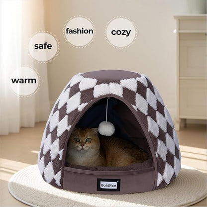 BALANCE Cat Beds for Indoor Cats, 2-in-1 Cat Bed Cave with Anti-Slip Bottom and Ultra-Soft Plush, Cozy Cats House Tent for Kittens and Small Dogs, 19 Inches, Dark Brown