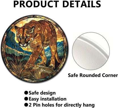 Lygond Metal Sign Tin Sign Circular Stained Glass Mountain Lion Gardening Sign for Garden 8×8 Inches