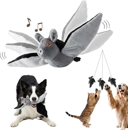 Flying Bat Dog Toy, Interactive Flying Bat Toy for Dogs with Flapping Wings, Chirping Sounds, USB Rechargeable, Touch Activated, Hanging or Floor Toy for Dogs, Puppies and Cats to Reduce Boredom，1PCS
