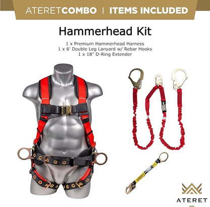 Fall Protection Hammerhead Kit I 5pt Safety Harness, 6' Double Leg Lanyard, 18" D-Ring Extender (Red - MD)
