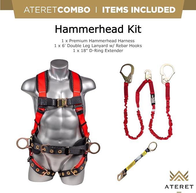 Fall Protection Hammerhead Kit I 5pt Safety Harness, 6' Double Leg Lanyard, 18" D-Ring Extender (Red - LG)