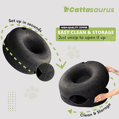 Cattasaurus Peekaboo Cat Cave, Extra Spacious for Multiple & Large Cats 12+ lbs, Scratch Detachable Beds for Indoor Cats, Washable Tunnel Bed, Comfy Cat Donut Tunnel (Light Gray+Dark Gray, Jumbo)