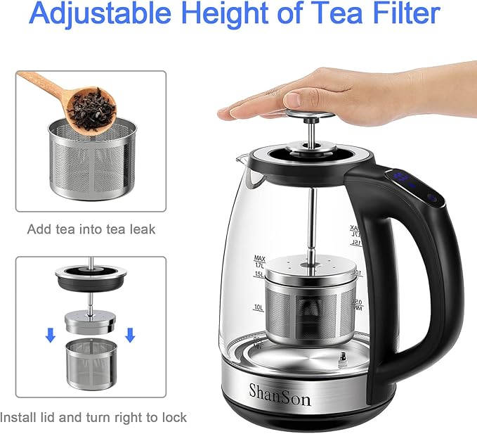 ShanSon Electric Kettle with Tea Infuser 1.7L Temperature Control Glass