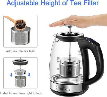 ShanSon Electric Kettle with Tea Infuser 1.7L Temperature Control Glass