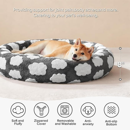 JOEJOY Jacquard Donut Round Dog Beds Medium Sized Dog,Grey 30x30x8in, Removable Washable Cover, Cute Pattern, Ultra Soft Fluffy Calming Pet Bed with Thick Supportive Bolster