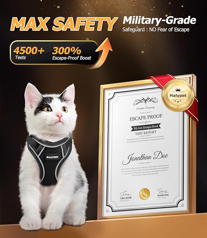 Halypet Cat Harness and Leash Set - MAX Safety 4th-Gen Upgrade, Escape Proof, Adjustable, Comfortable Soft Vest, Easy to Wear Kitten Harness with Reflective Strip for Cats Walking - Small Black