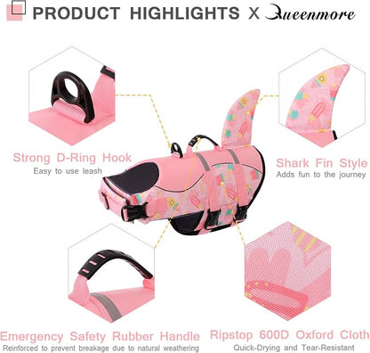 Dog Life Jacket High Flotation, Reflective Dog Life Vests for Swimming, Adjustable Dog Life Preserver Rescue Handle Spring Summer Pool for Small, Medium, Large Dogs (Pink Ice Cream,S)