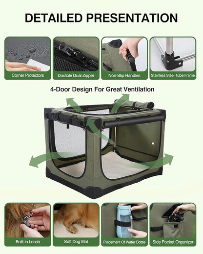 Veraste 42" Soft Collapsible Travel Dog Crate for Large Dogs,Green | 4-Door Foldable Travel Crate,breathable mesh, foldable with storage bag
