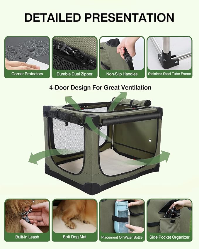Veraste 30" Soft Collapsible Travel Dog Crate for Medium Dogs,Green | 4-Door Foldable Travel Crate,breathable mesh, foldable with storage bag