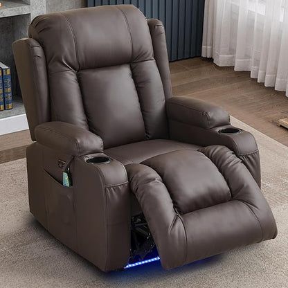 URRED Recliner Chair with Massage and Heat, Power Reclining Sofa Chair Home Theater Seating with LED Ambient Light, USB Ports, Cup Holders, Side Pockets, Faux Leather, Dark Brown