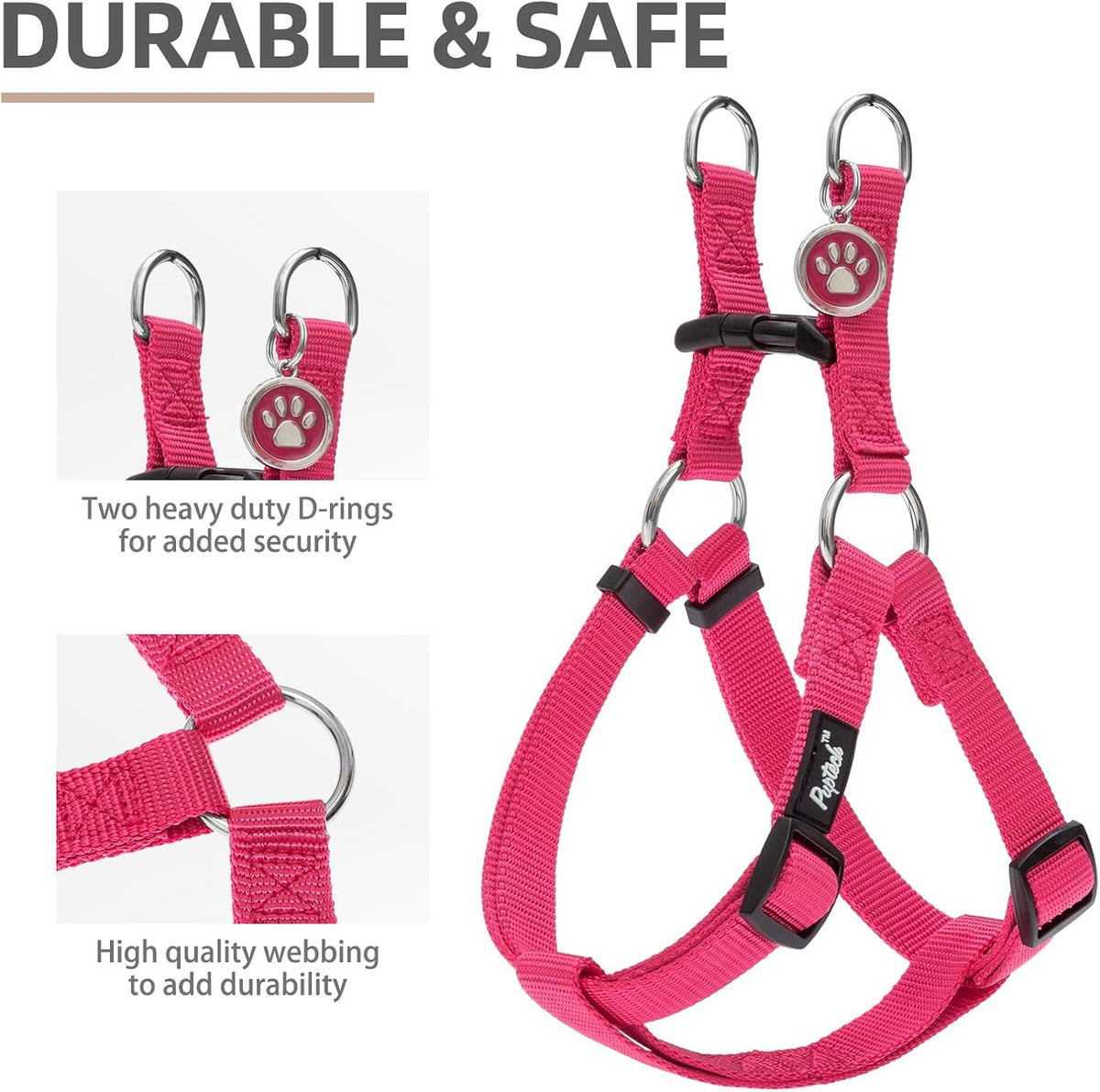 PUPTECK No Pull Dog Harness Soft Adjustable Basic Nylon Step in Puppy Vest Outdoor Walking with ID Tag Medium DeepPink
