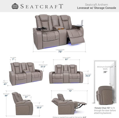 Seatcraft Anthem Italian Leather Loveseat w/Storage Console, Living Room, Power Headrest, Power Recline, Gray