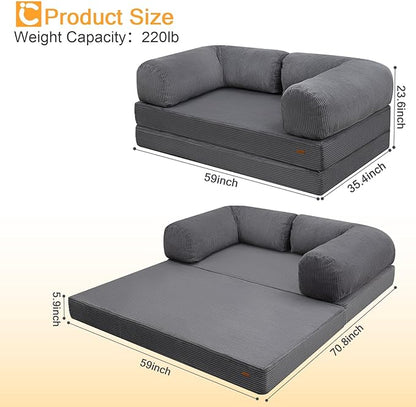 COMAX Futon Sofa Bed, 4-in-1 Floor Foldable Sofa Couch Bed Queen with L-Shaped Armrests, Convertible Folding Chair Bed Sleeper Mattress Fold Out Comfy Lounge for Living Room Bedroom, Grey